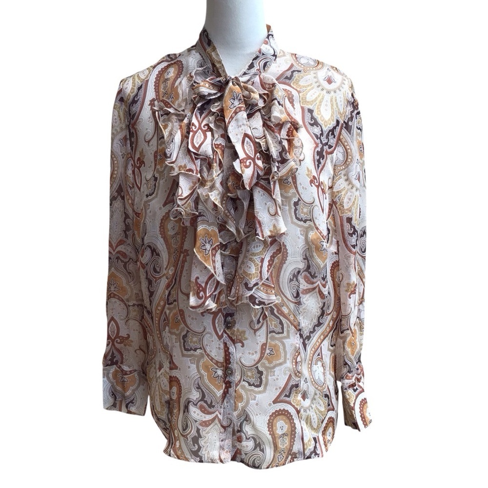 Basler Black Label Silk Paisley Ruffle Tie Neck  Long Sleeve Blouse Sz 44 NEW